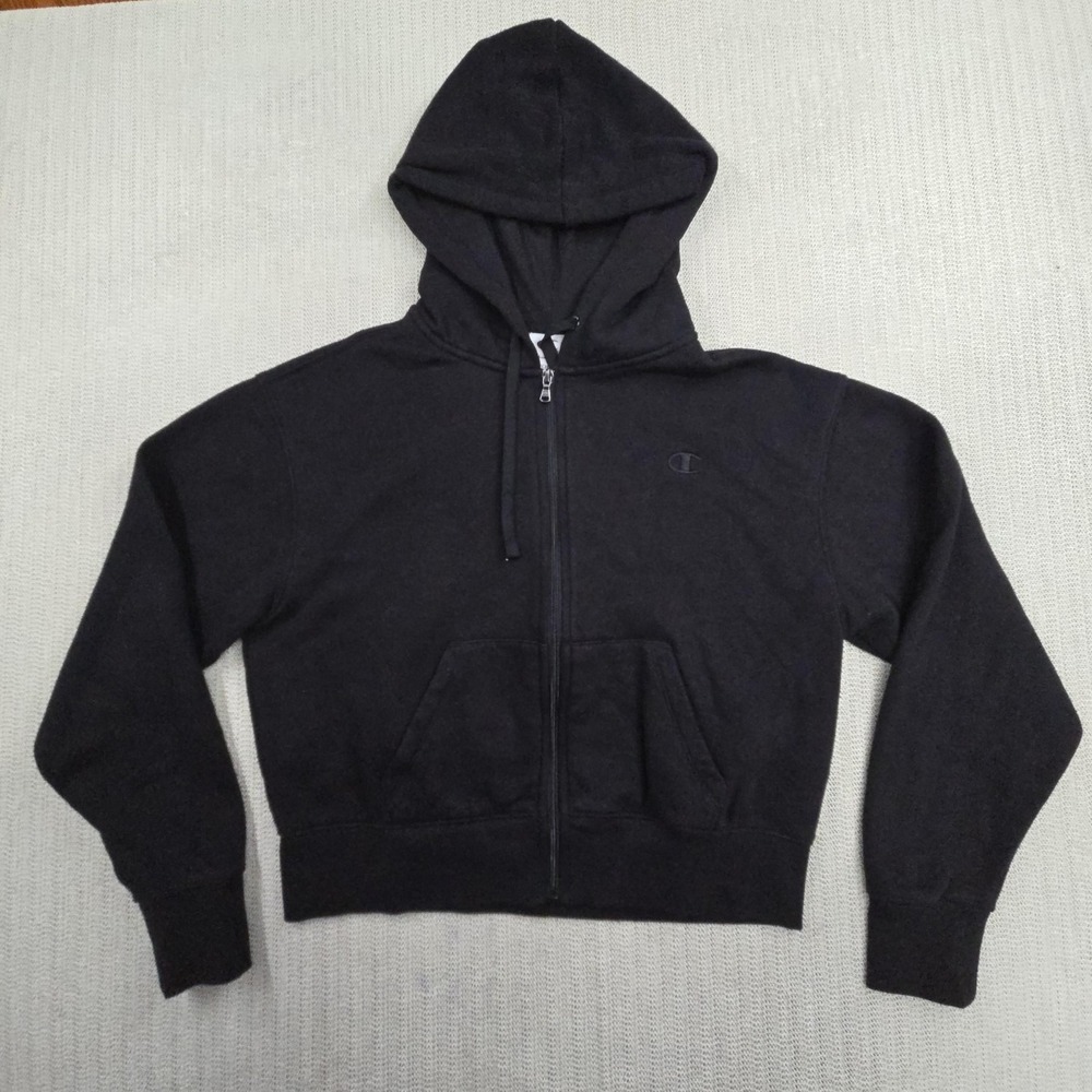 Champion Hoodie Womens‎ Small Black Full Zip Fleece Cropped Kangaroo Pocket